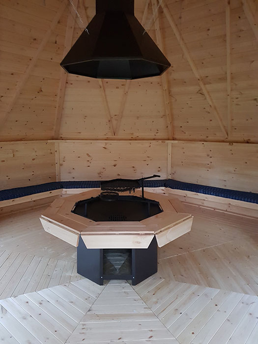 Hunter's Cabin interior with Grill and Benches