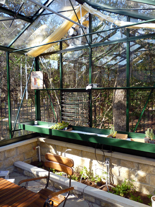 inside view including shade cover, shelving and louvered window