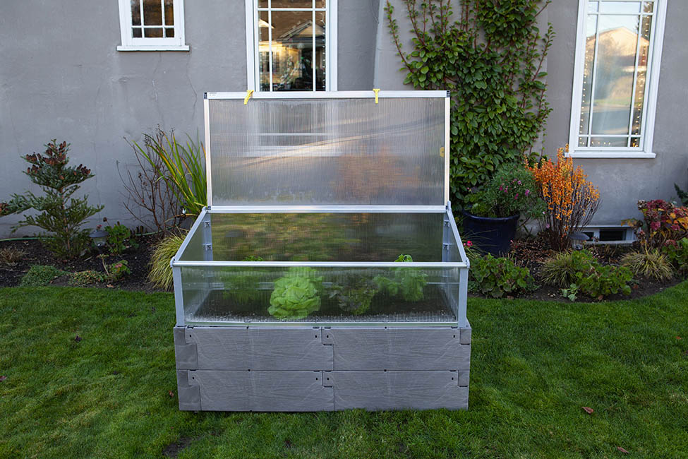 gray timber raised bed with cold frame